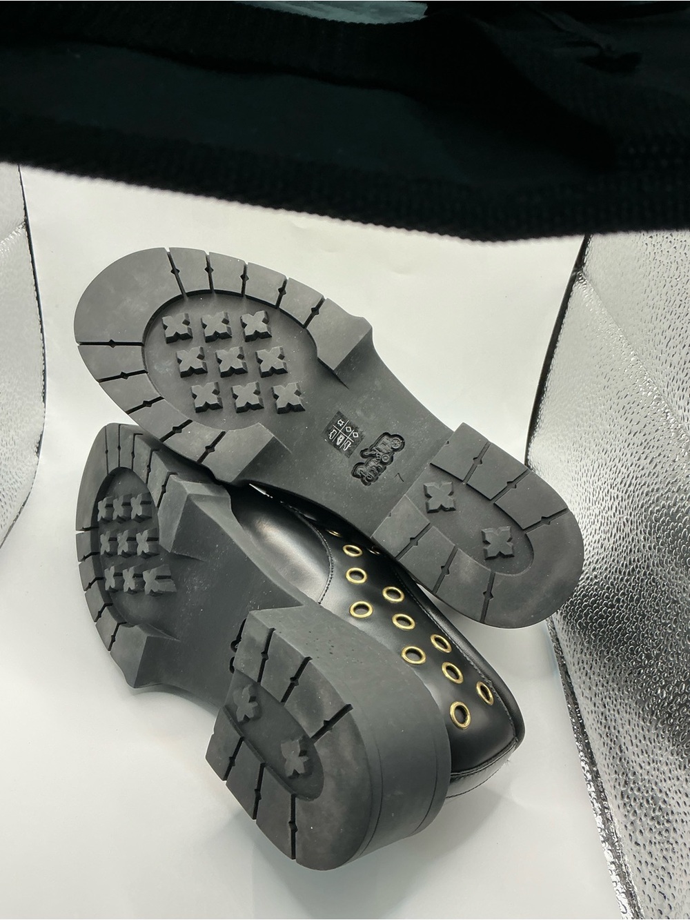 Coach Black Leather Lug Sole Loafers with Gold Eyelet Detail - Picture 4 of 9